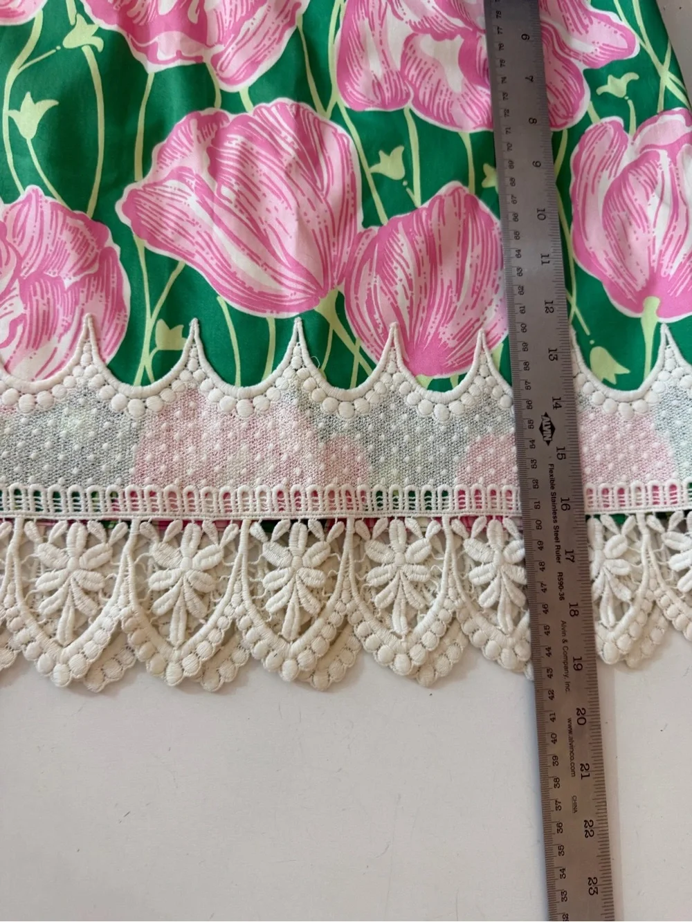 Lilly Pulitzer Pink Green Vintage Floral Tulips Lace Trim Cottagecore Skirt Sz 6